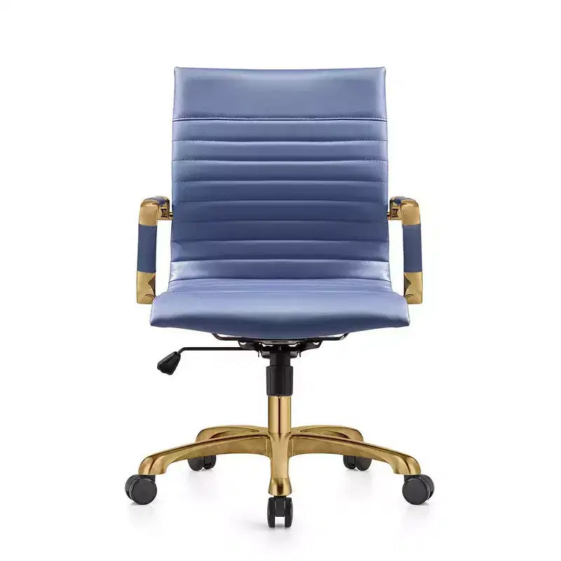 LeisureMod Harris Sedia da ufficio senza braccioli – Pelle a coste con struttura in metallo dorato – Moderna sedia da scrivania girevole e reclinabile