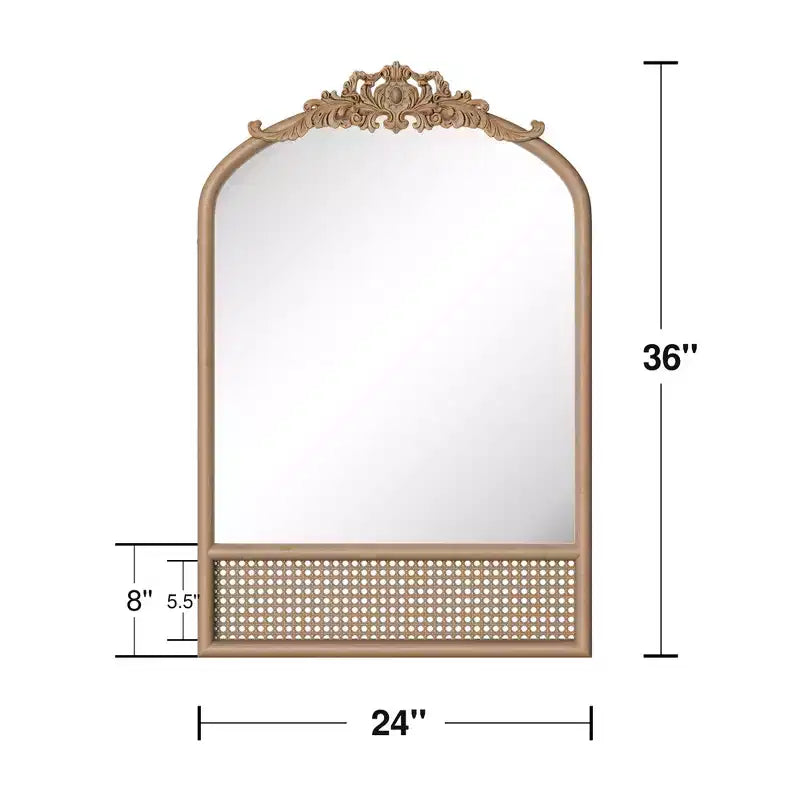 Specchio da parete decorativo Dovelina Arch con cornice in legno intagliata, fondo con specchio da appendere in rattan