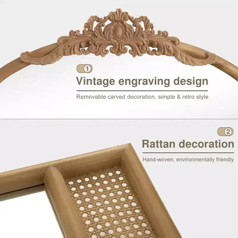 Specchio da parete decorativo Dovelina Arch con cornice in legno intagliata, fondo con specchio da appendere in rattan