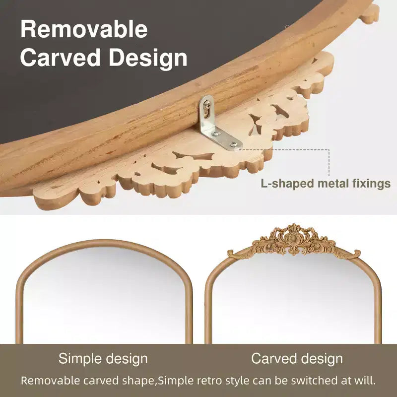 Specchio da parete decorativo Dovelina Arch con cornice in legno intagliata, fondo con specchio da appendere in rattan