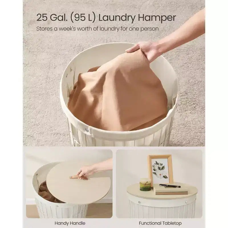 SONGMICS Cesto Portabiancheria con Coperchio, Cesto Portabiancheria Rotondo da 95 Litri, Versatile con Fodera in Tessuto Rimovibile, per Lavanderia, Camera da Letto, Soggiorno