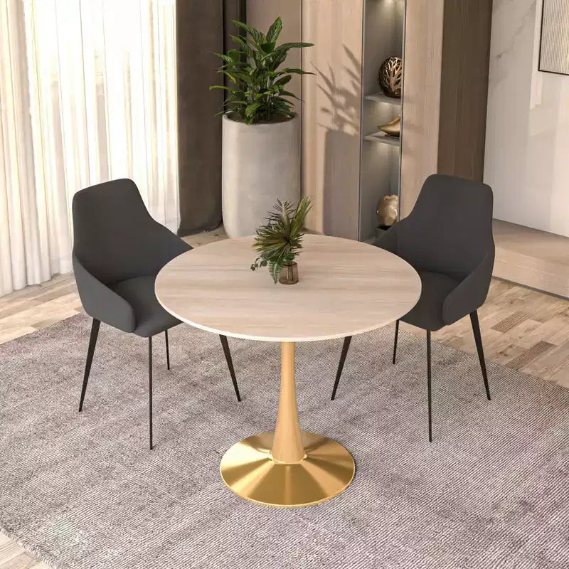 LeisureMod Bristol Tavolo da pranzo rotondo da 31 pollici con piano in pietra sinterizzata e robusta base a piedistallo in acciaio color oro per cucina e piccoli spazi