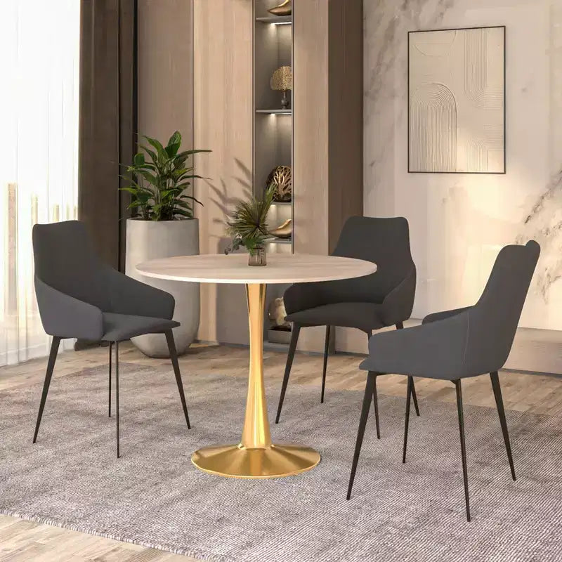 LeisureMod Bristol Tavolo da pranzo rotondo da 31 pollici con piano in pietra sinterizzata e robusta base a piedistallo in acciaio color oro per cucina e piccoli spazi