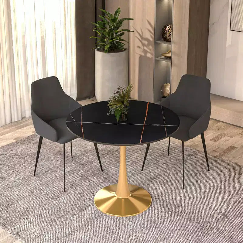 LeisureMod Bristol Tavolo da pranzo rotondo da 31 pollici con piano in pietra sinterizzata e robusta base a piedistallo in acciaio color oro per cucina e piccoli spazi