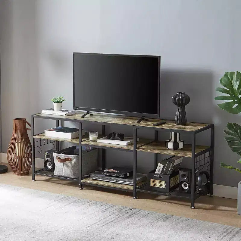 Mobile TV VECELO da 65 pollici, Centro Intrattenimento con Ripiani e Ganci, Tavolo Console Moderno a 3 Livelli in Legno