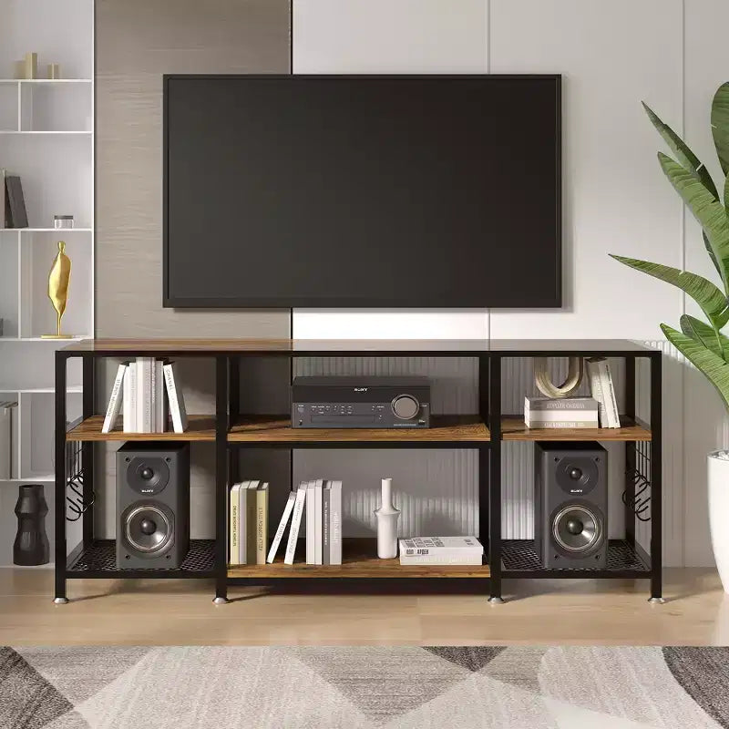 Mobile TV VECELO da 65 pollici, Centro Intrattenimento con Ripiani e Ganci, Tavolo Console Moderno a 3 Livelli in Legno