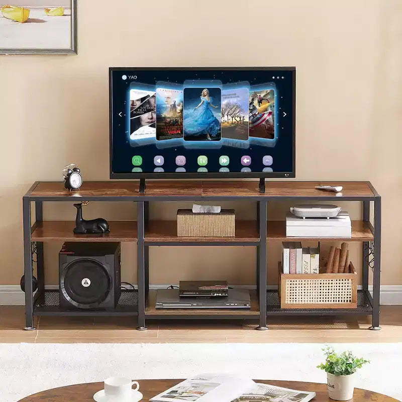 Mobile TV VECELO da 65 pollici, Centro Intrattenimento con Ripiani e Ganci, Tavolo Console Moderno a 3 Livelli in Legno