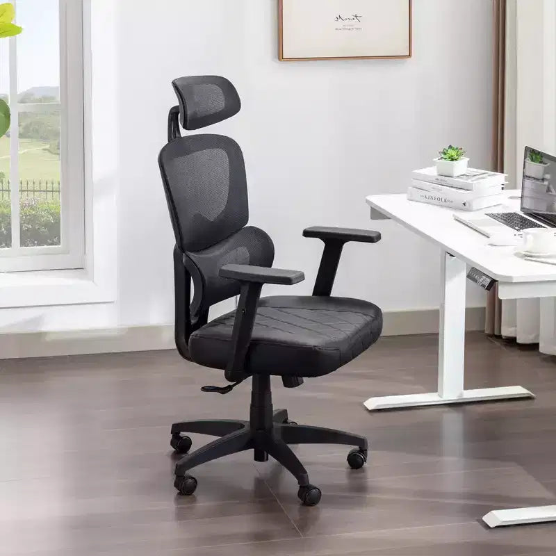 Sedia da ufficio ergonomica VECELO girevole con schienale alto in rete, poggiatesta e braccioli regolabili, supporto lombare per dirigenti/scrivania computer/lavoro, nera