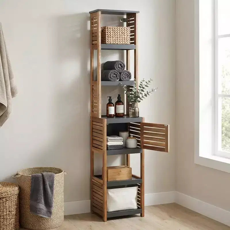 Evideco Articoli per la casa francesi Mobiletto da bagno per riporre la biancheria, torre, elementi in acacia - Legno grigio