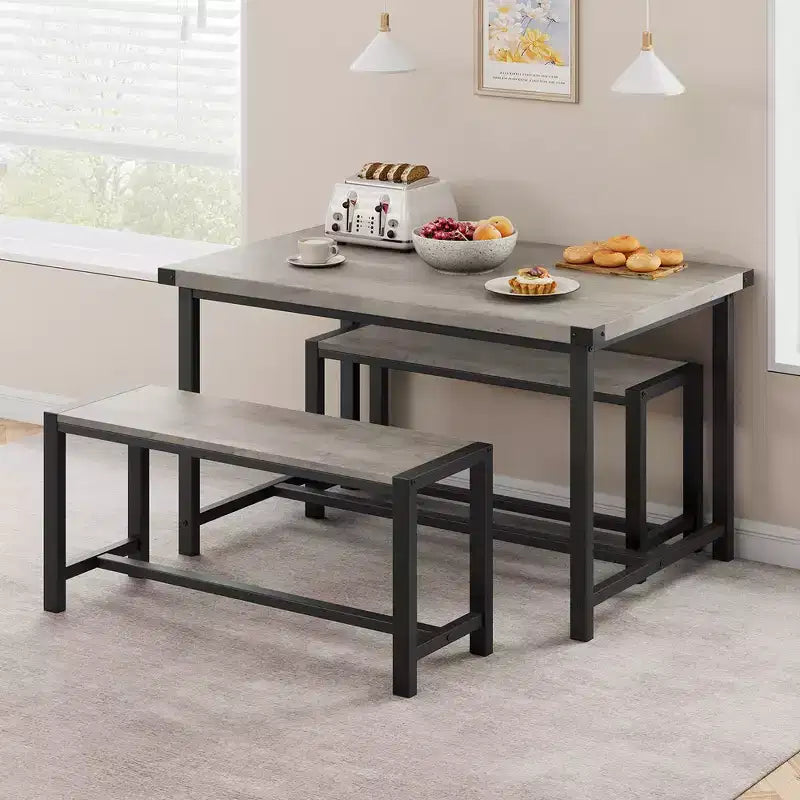 Tavolo da Pranzo e 2 Panche con Protezione Angolare, Set da Pranzo per 4 con 2 Panche, Set Tavolo da Cucina per 4-6 Persone con Struttura a H per Spazi Piccoli