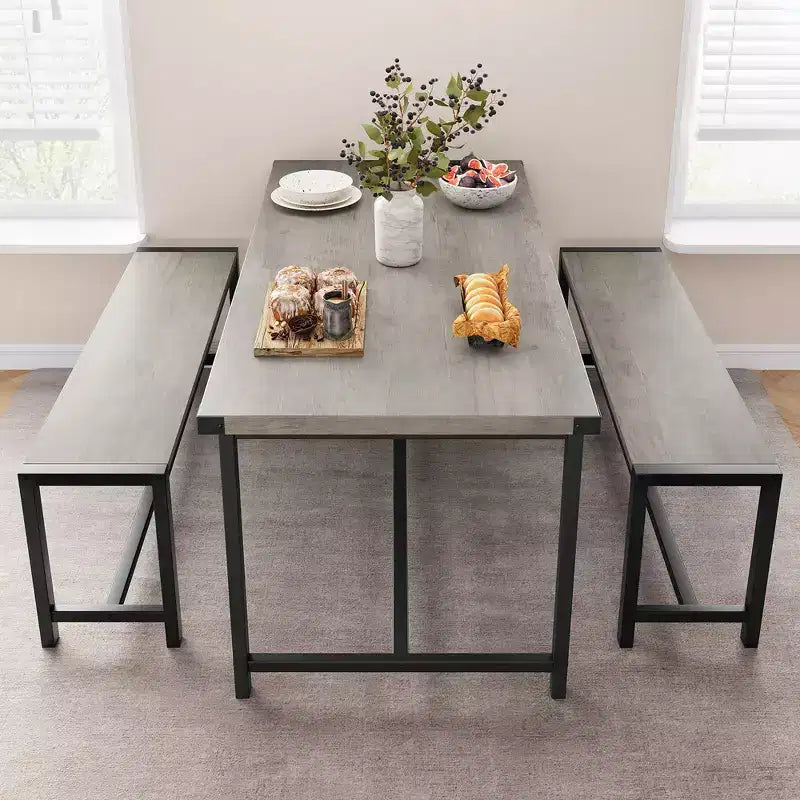Tavolo da Pranzo e 2 Panche con Protezione Angolare, Set da Pranzo per 4 con 2 Panche, Set Tavolo da Cucina per 4-6 Persone con Struttura a H per Spazi Piccoli