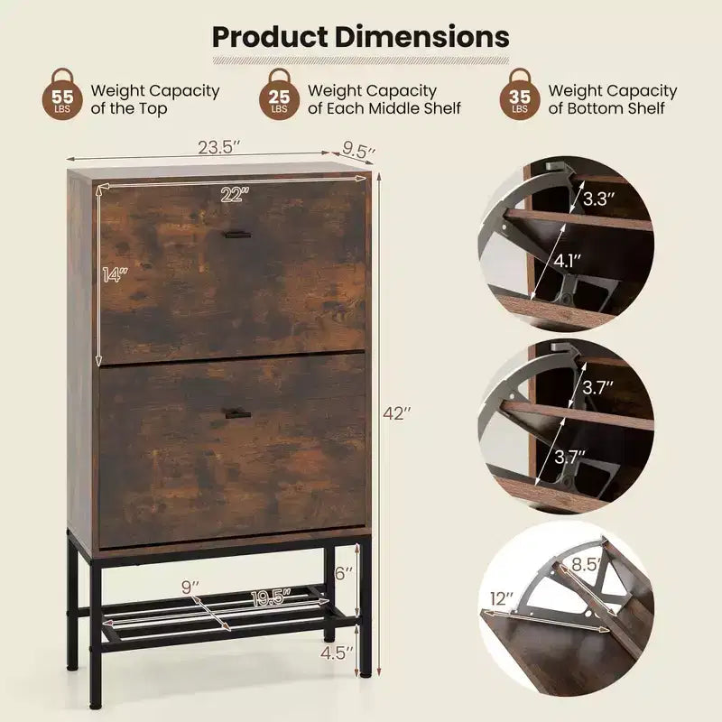 Costway Scarpiera Industriale con 2 Cassetti a Ribalta e 1 Ripiano Inferiore in Metallo Organizer