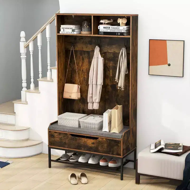 Costway 69 Mobile da Ingresso Alto con Cuscino, Scomparti Aperti, Ganci, Vano Contenitore Sollevabile, Bianco/Nero/Marrone Rustico