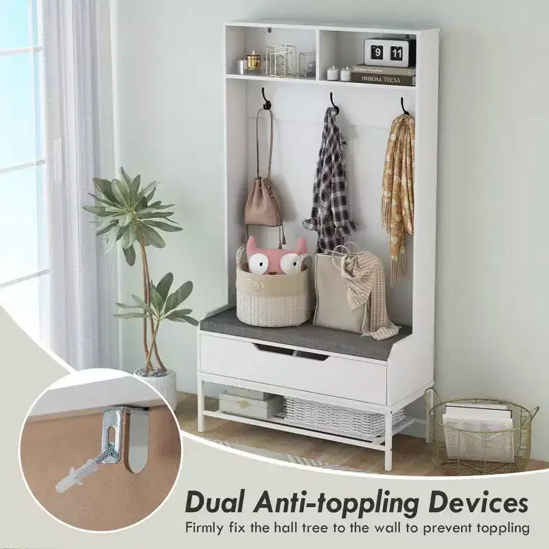 Costway 69 Mobile da Ingresso Alto con Cuscino, Scomparti Aperti, Ganci, Vano Contenitore Sollevabile, Bianco/Nero/Marrone Rustico