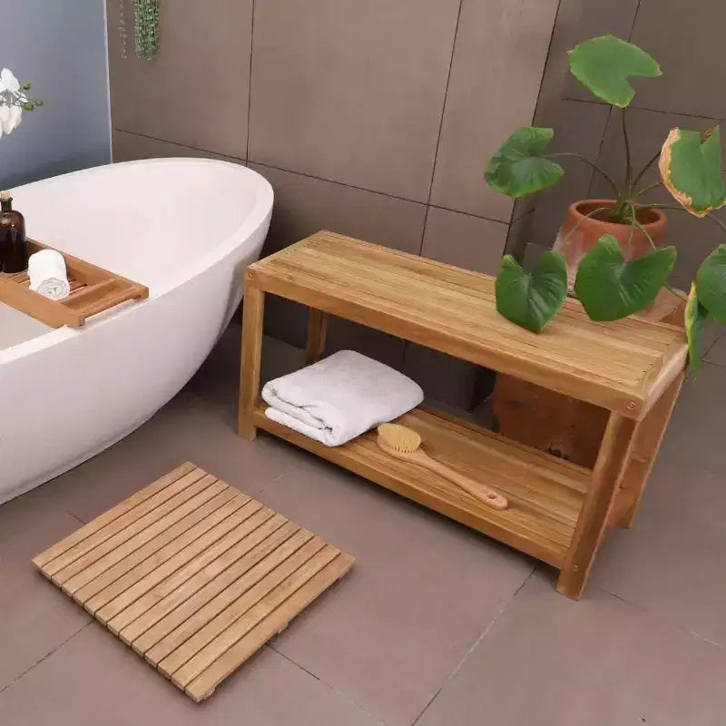 Nordic Teak 35 Natural Shower and Bath Spa Bench with Shelf - Beige