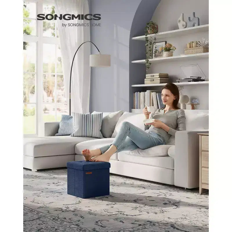 SONGMICS 30 cm Poggiapiedi con Contenitore, Sgabello Pieghevole, Pouf Contenitore, Panca da Ingresso