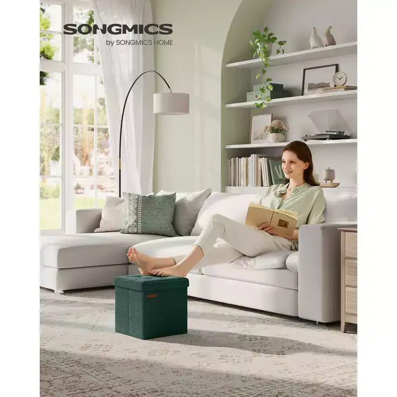 SONGMICS 30 cm Poggiapiedi con Contenitore, Sgabello Pieghevole, Pouf Contenitore, Panca da Ingresso