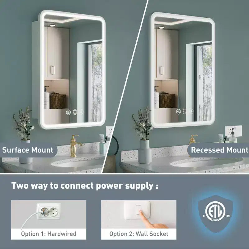HBEZON Mobiletto a Specchio da Bagno con Luci a LED, Installazione a Incasso o a Parete, Funzione Anti-Appannamento, Dimmerabile, 3 Modalità di Illuminazione, Funzione Memoria