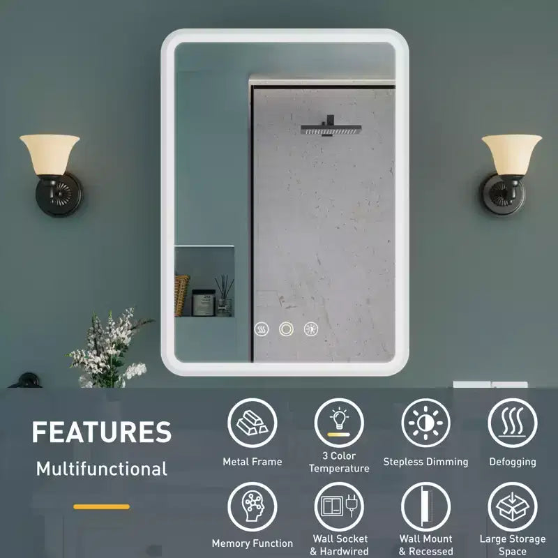 HBEZON Mobiletto a Specchio da Bagno con Luci a LED, Installazione a Incasso o a Parete, Funzione Anti-Appannamento, Dimmerabile, 3 Modalità di Illuminazione, Funzione Memoria