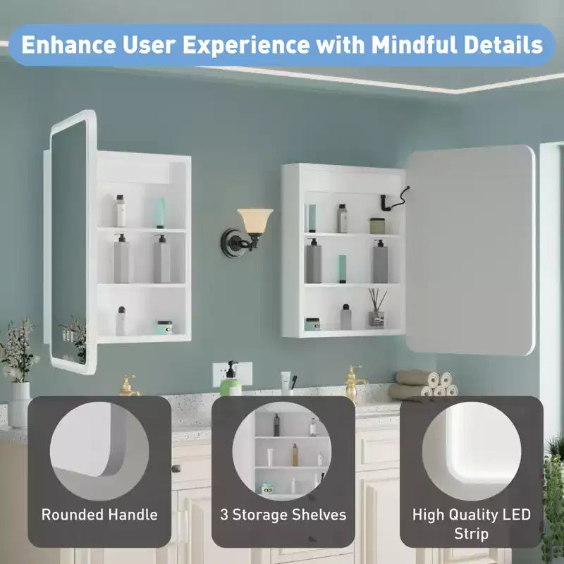 HBEZON Mobiletto a Specchio da Bagno con Luci a LED, Installazione a Incasso o a Parete, Funzione Anti-Appannamento, Dimmerabile, 3 Modalità di Illuminazione, Funzione Memoria