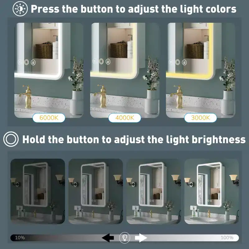HBEZON Mobiletto a Specchio da Bagno con Luci a LED, Installazione a Incasso o a Parete, Funzione Anti-Appannamento, Dimmerabile, 3 Modalità di Illuminazione, Funzione Memoria