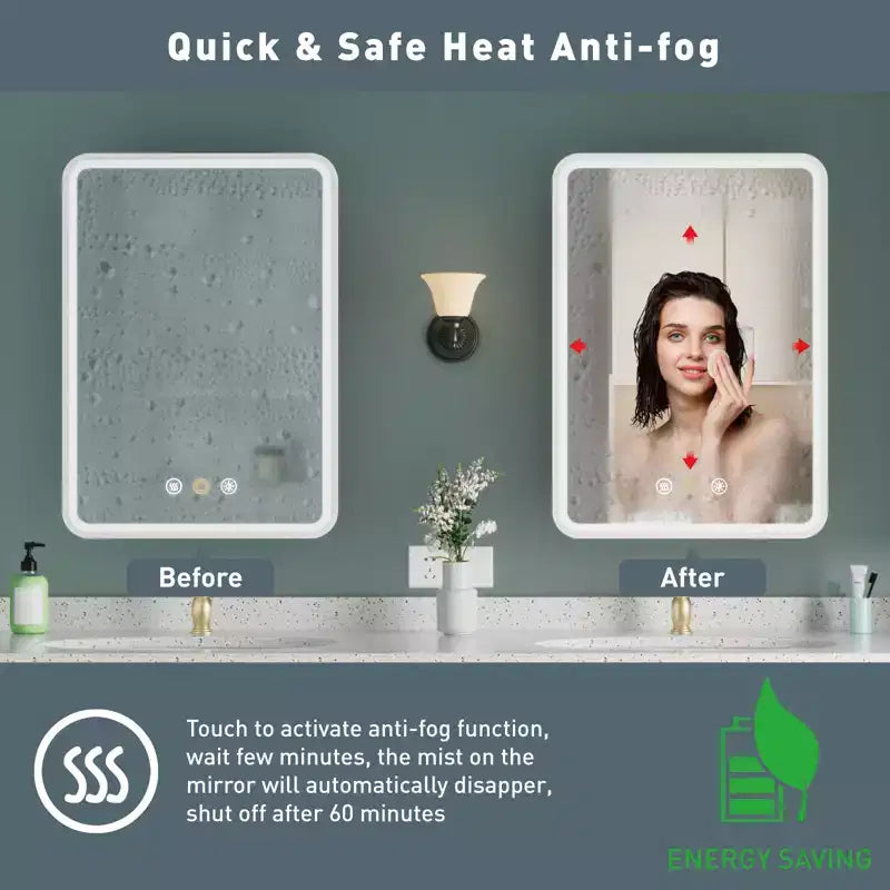 HBEZON Mobiletto a Specchio da Bagno con Luci a LED, Installazione a Incasso o a Parete, Funzione Anti-Appannamento, Dimmerabile, 3 Modalità di Illuminazione, Funzione Memoria