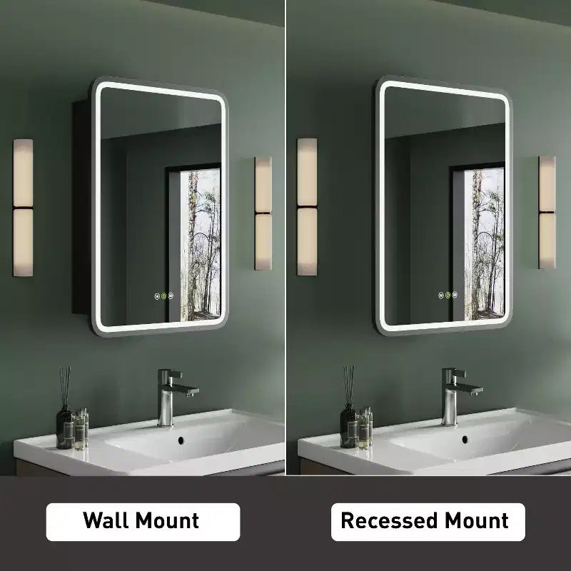 HBEZON Mobiletto a Specchio da Bagno con Luci a LED, Installazione a Incasso o a Parete, Funzione Anti-Appannamento, Dimmerabile, 3 Modalità di Illuminazione, Funzione Memoria