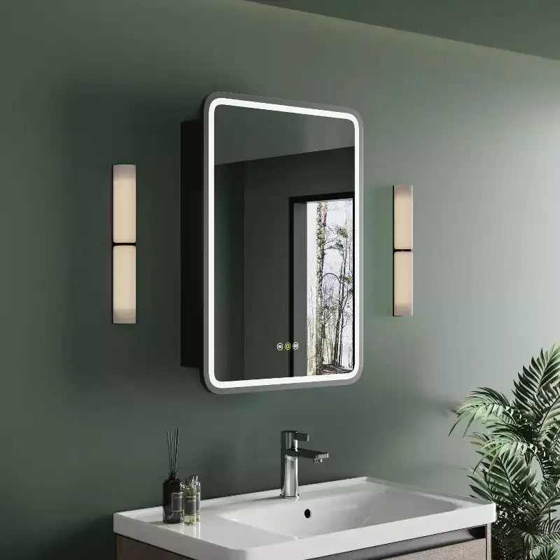 HBEZON Mobiletto a Specchio da Bagno con Luci a LED, Installazione a Incasso o a Parete, Funzione Anti-Appannamento, Dimmerabile, 3 Modalità di Illuminazione, Funzione Memoria