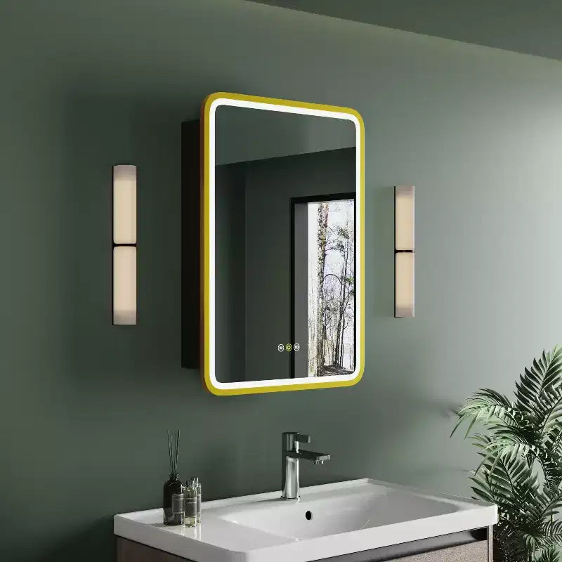 HBEZON Mobiletto a Specchio da Bagno con Luci a LED, Installazione a Incasso o a Parete, Funzione Anti-Appannamento, Dimmerabile, 3 Modalità di Illuminazione, Funzione Memoria