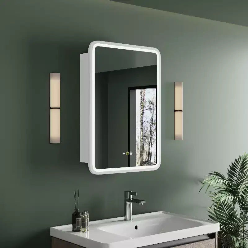 HBEZON Mobiletto a Specchio da Bagno con Luci a LED, Installazione a Incasso o a Parete, Funzione Anti-Appannamento, Dimmerabile, 3 Modalità di Illuminazione, Funzione Memoria