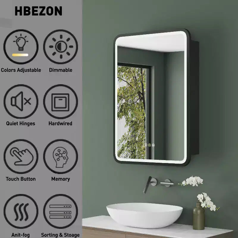 HBEZON Mobiletto a Specchio da Bagno con Luci a LED, Installazione a Incasso o a Parete, Funzione Anti-Appannamento, Dimmerabile, 3 Modalità di Illuminazione, Funzione Memoria