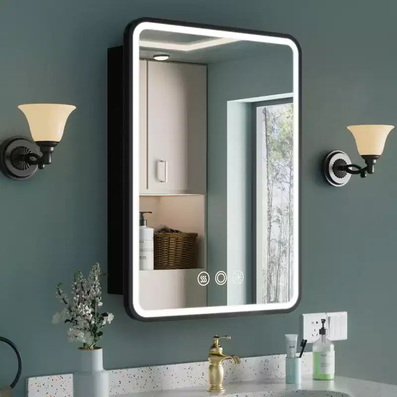 HBEZON Mobiletto a Specchio da Bagno con Luci a LED, Installazione a Incasso o a Parete, Funzione Anti-Appannamento, Dimmerabile, 3 Modalità di Illuminazione, Funzione Memoria
