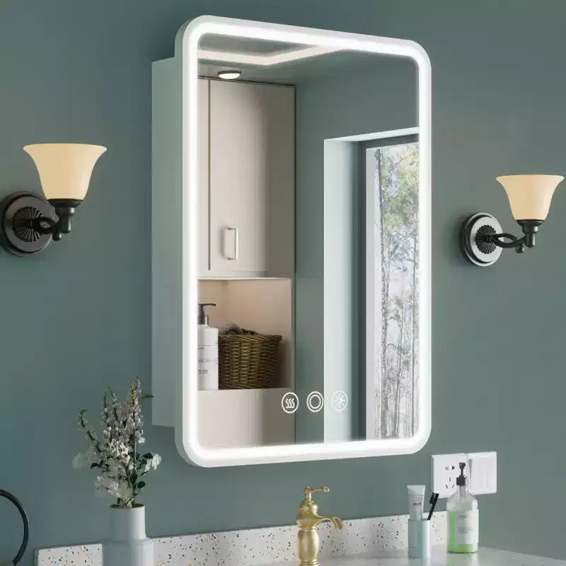 HBEZON Mobiletto a Specchio da Bagno con Luci a LED, Installazione a Incasso o a Parete, Funzione Anti-Appannamento, Dimmerabile, 3 Modalità di Illuminazione, Funzione Memoria
