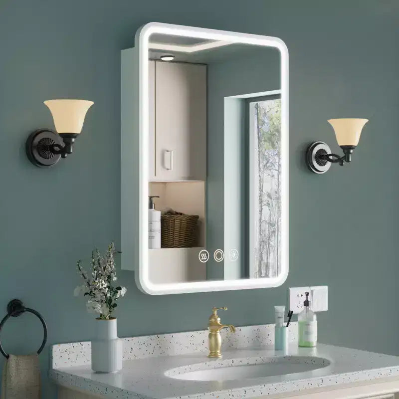 HBEZON Mobiletto a Specchio da Bagno con Luci a LED, Installazione a Incasso o a Parete, Funzione Anti-Appannamento, Dimmerabile, 3 Modalità di Illuminazione, Funzione Memoria