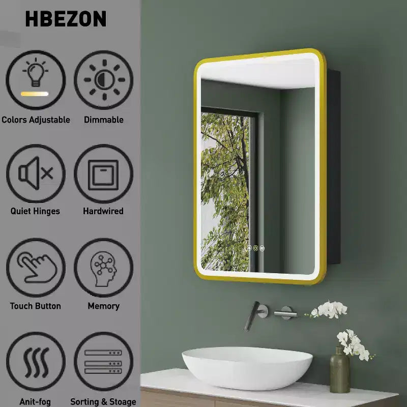HBEZON Mobiletto a Specchio da Bagno con Luci a LED, Installazione a Incasso o a Parete, Funzione Anti-Appannamento, Dimmerabile, 3 Modalità di Illuminazione, Funzione Memoria