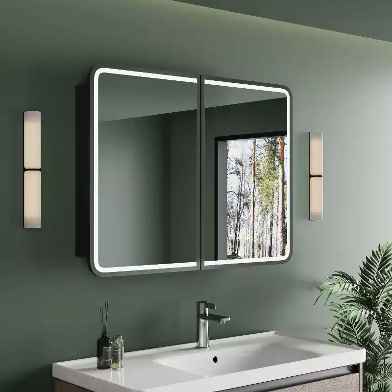 HBEZON Mobiletto a Specchio da Bagno con Luci a LED, Installazione a Incasso o a Parete, Funzione Anti-Appannamento, Dimmerabile, 3 Modalità di Illuminazione, Funzione Memoria