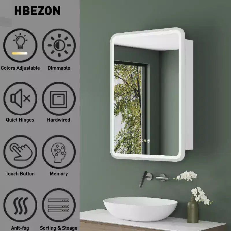HBEZON Mobiletto a Specchio da Bagno con Luci a LED, Installazione a Incasso o a Parete, Funzione Anti-Appannamento, Dimmerabile, 3 Modalità di Illuminazione, Funzione Memoria