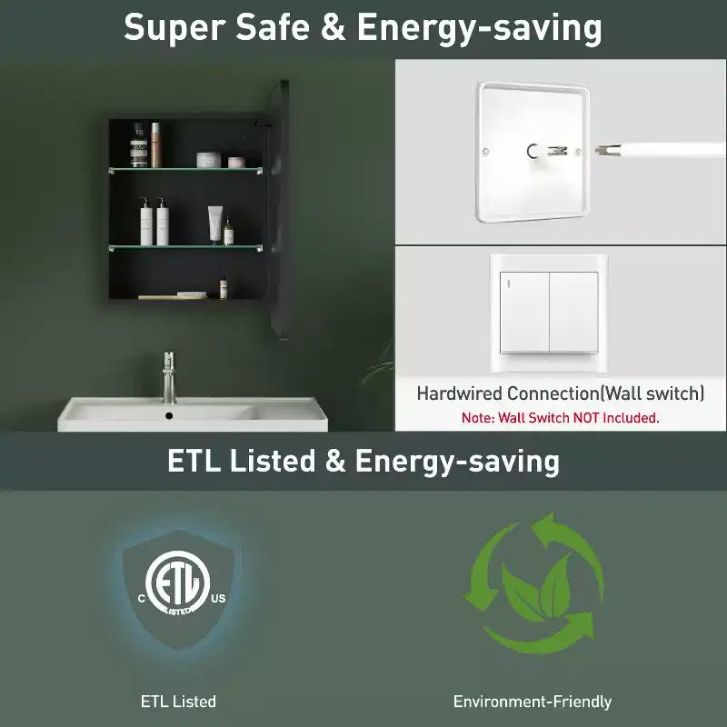 HBEZON Mobiletto a Specchio da Bagno con Luci a LED, Installazione a Incasso o a Parete, Funzione Anti-Appannamento, Dimmerabile, 3 Modalità di Illuminazione, Funzione Memoria
