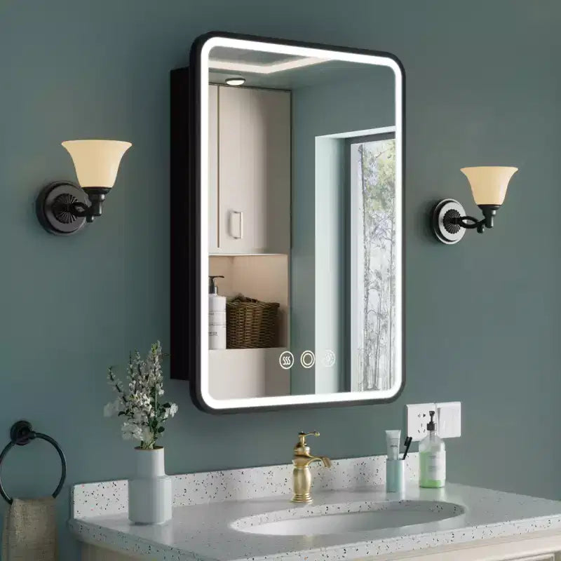 HBEZON Mobiletto a Specchio da Bagno con Luci a LED, Installazione a Incasso o a Parete, Funzione Anti-Appannamento, Dimmerabile, 3 Modalità di Illuminazione, Funzione Memoria