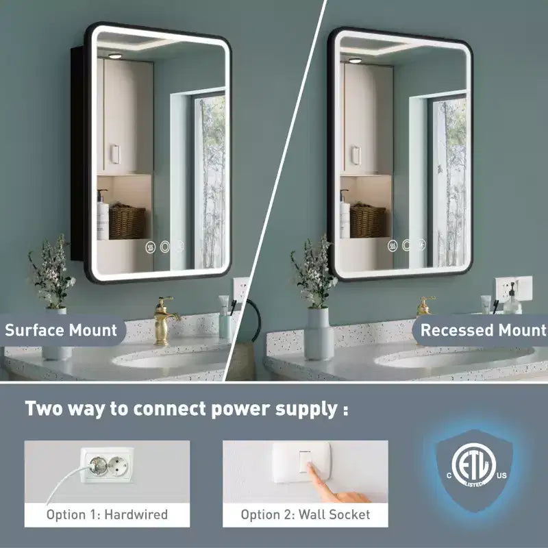 HBEZON Mobiletto a Specchio da Bagno con Luci a LED, Installazione a Incasso o a Parete, Funzione Anti-Appannamento, Dimmerabile, 3 Modalità di Illuminazione, Funzione Memoria