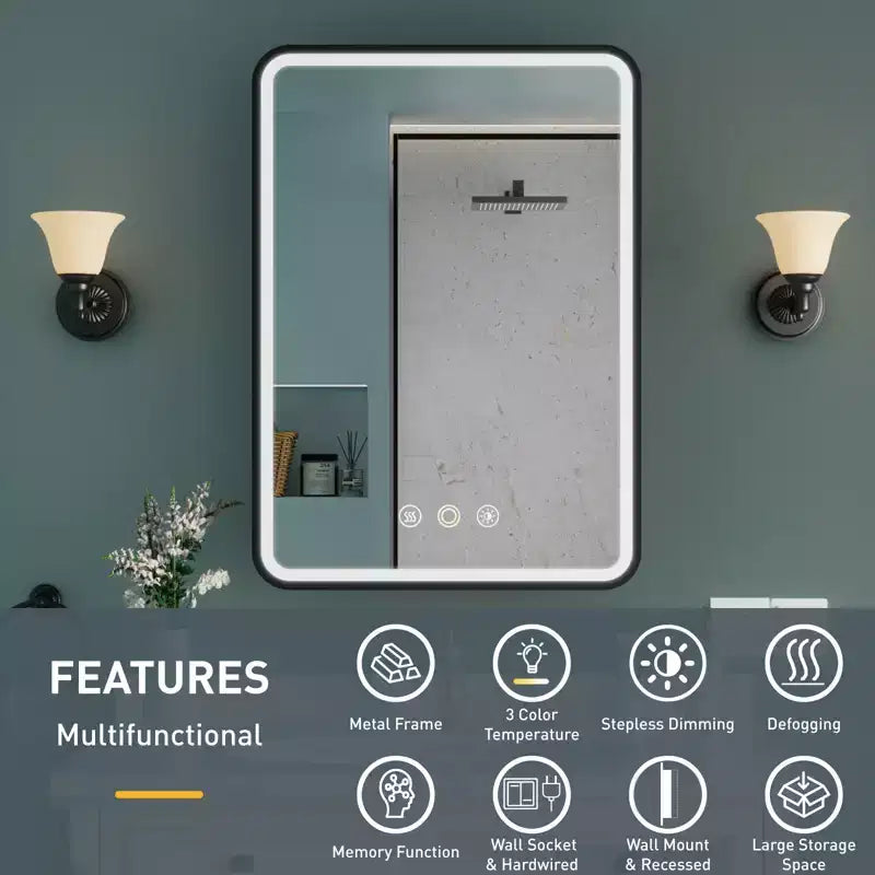 HBEZON Mobiletto a Specchio da Bagno con Luci a LED, Installazione a Incasso o a Parete, Funzione Anti-Appannamento, Dimmerabile, 3 Modalità di Illuminazione, Funzione Memoria