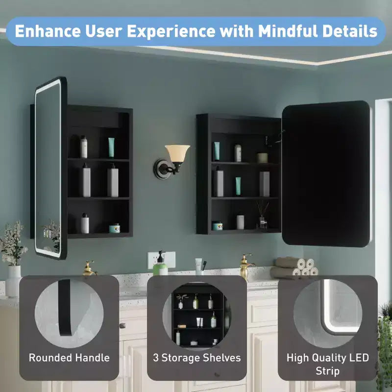 HBEZON Mobiletto a Specchio da Bagno con Luci a LED, Installazione a Incasso o a Parete, Funzione Anti-Appannamento, Dimmerabile, 3 Modalità di Illuminazione, Funzione Memoria