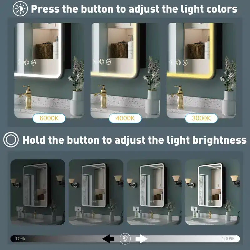 HBEZON Mobiletto a Specchio da Bagno con Luci a LED, Installazione a Incasso o a Parete, Funzione Anti-Appannamento, Dimmerabile, 3 Modalità di Illuminazione, Funzione Memoria