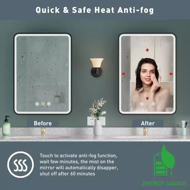 HBEZON Mobiletto a Specchio da Bagno con Luci a LED, Installazione a Incasso o a Parete, Funzione Anti-Appannamento, Dimmerabile, 3 Modalità di Illuminazione, Funzione Memoria
