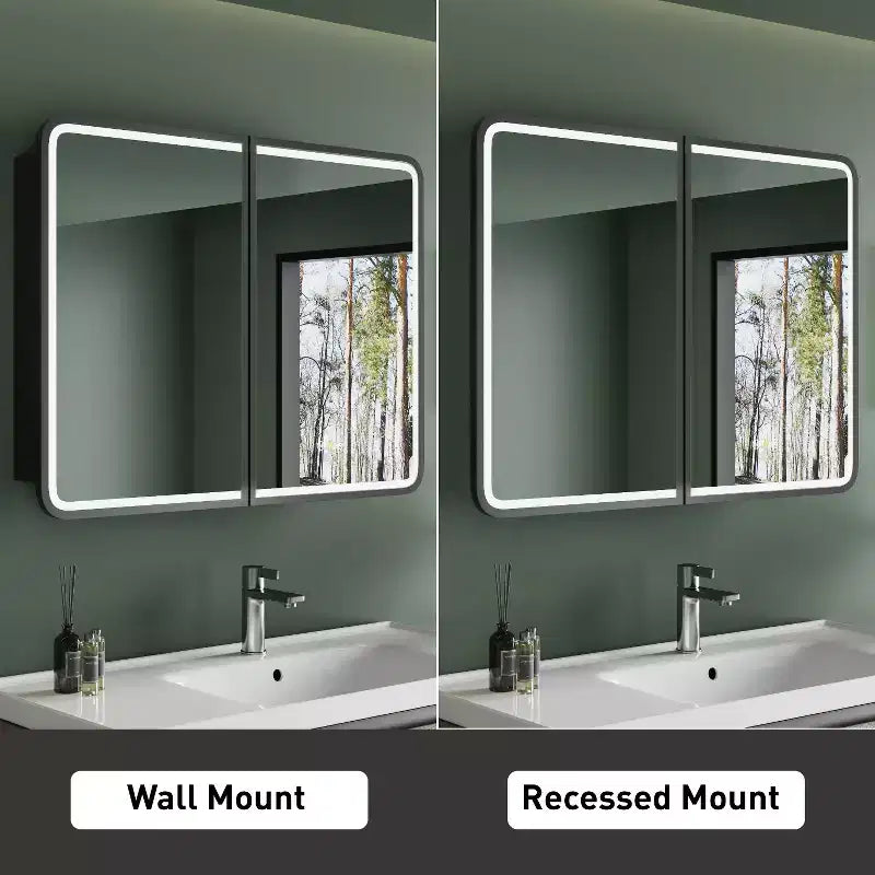 HBEZON Mobiletto a Specchio da Bagno con Luci a LED, Installazione a Incasso o a Parete, Funzione Anti-Appannamento, Dimmerabile, 3 Modalità di Illuminazione, Funzione Memoria