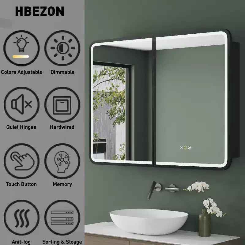HBEZON Mobiletto a Specchio da Bagno con Luci a LED, Installazione a Incasso o a Parete, Funzione Anti-Appannamento, Dimmerabile, 3 Modalità di Illuminazione, Funzione Memoria