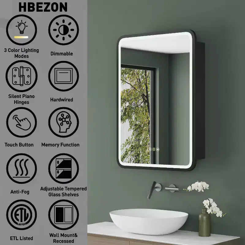 HBEZON Mobiletto a Specchio da Bagno con Luci a LED, Installazione a Incasso o a Parete, Funzione Anti-Appannamento, Dimmerabile, 3 Modalità di Illuminazione, Funzione Memoria