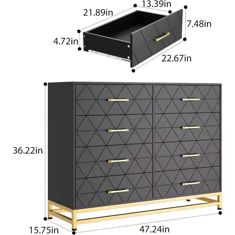 Cassettiera doppia a 8 cassetti con cassetti ampi e maniglie dorate