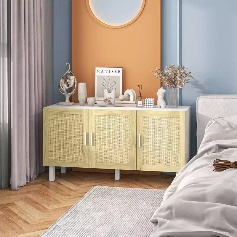 HOMCOM Credenza Buffet, Mobile da Cucina e Mobile Bar con 3 Ante in Rattan e Ripiani Regolabili