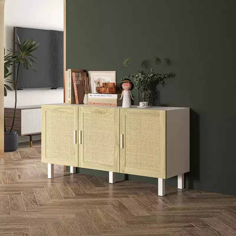 HOMCOM Credenza Buffet, Mobile da Cucina e Mobile Bar con 3 Ante in Rattan e Ripiani Regolabili